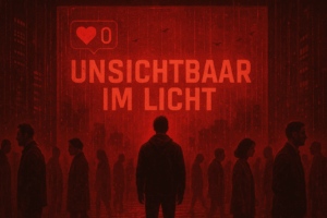 Grafik mit dem Schriftzug 'Unsichtbar im Licht' vor einer urbanen Silhouette in rotem Farbton.