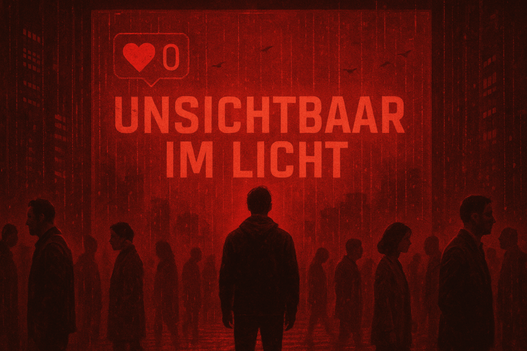 Grafik mit dem Schriftzug 'Unsichtbar im Licht' vor einer urbanen Silhouette in rotem Farbton.