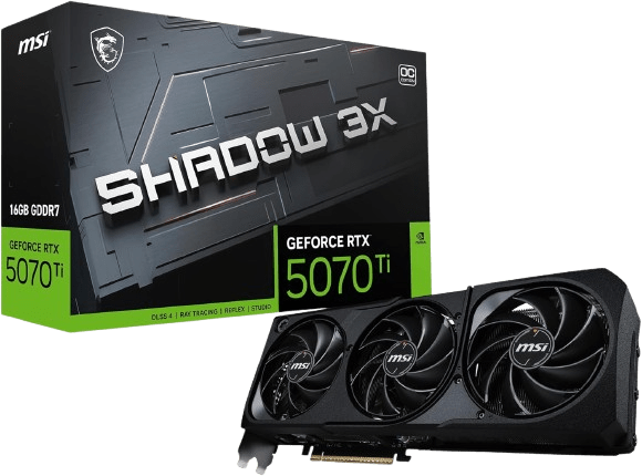 MSI GeForce RTX 5070 Ti Shadow 3X Grafikkarte mit drei Lüftern und Verpackung.