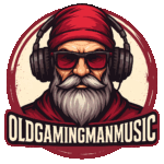 Illustration eines älteren Mannes mit Kopfhörern und rotem Hut im Logo-Stil für Old Gaming Man Music.