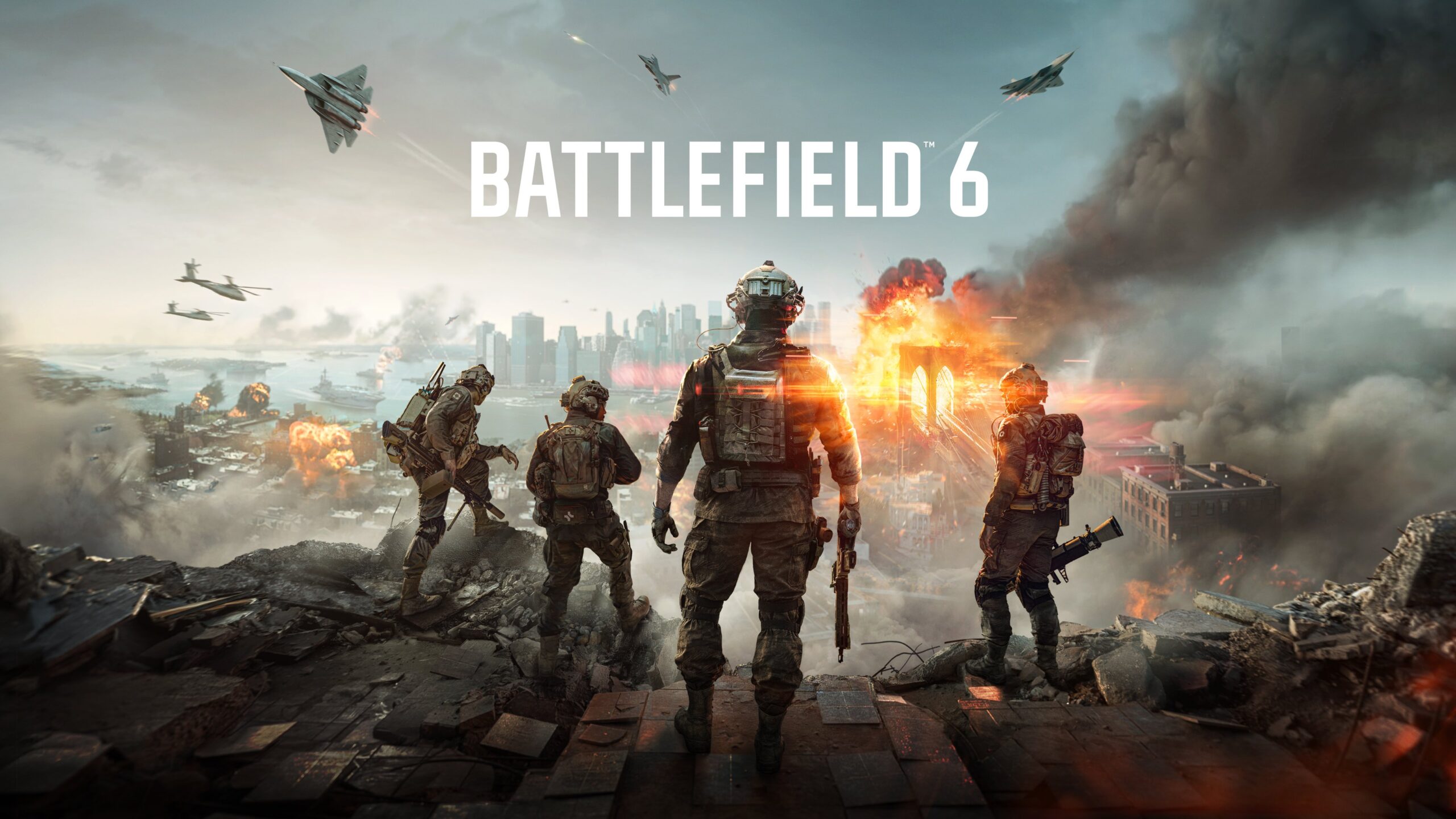 Coverbild von Battlefield 6 mit Soldaten und explodierenden Gebäuden im Hintergrund.