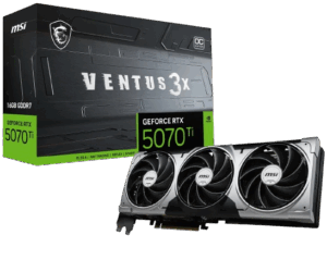 MSI GeForce RTX 5070 Ti 16G VENTUS 3X Grafikkarte mit Box im Hintergrund.