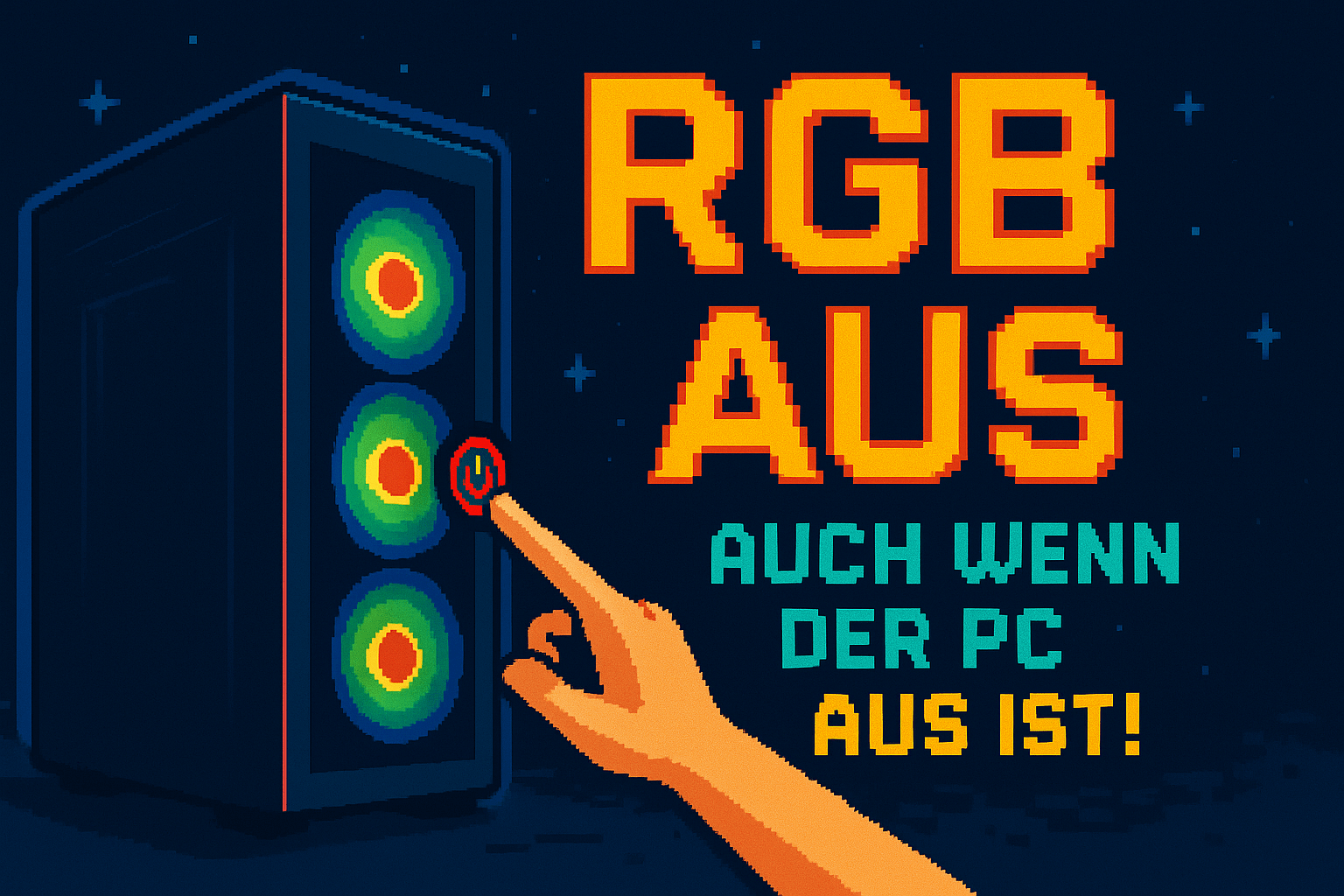 Ein PC-Gehäuse mit RGB-Leuchten, das einen Aus-Schalter zeigt, während eine Hand darauf drückt.