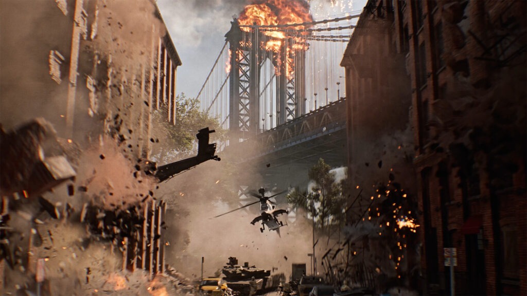 Ein Helikopter fliegt über eine Stadt mit Explosionen und Zerstörung im Hintergrund. Ein Helikopter fliegt über eine Stadt mit Explosionen und Zerstörung im Hintergrund.