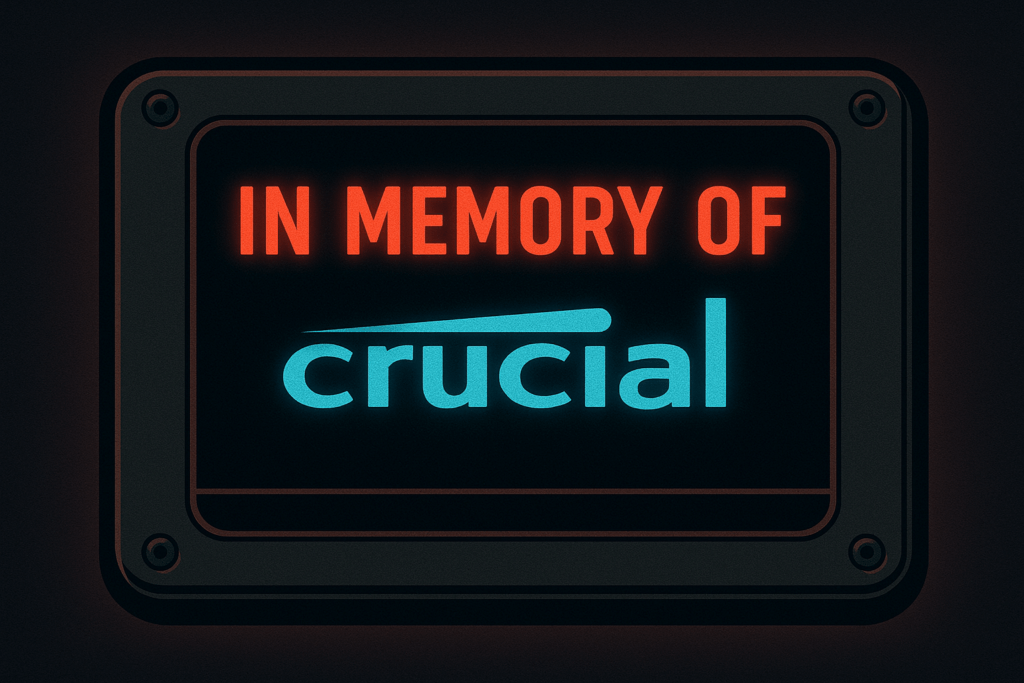 Schild mit der Aufschrift 'In Memory of crucial' in rot und blau auf schwarzem Hintergrund.