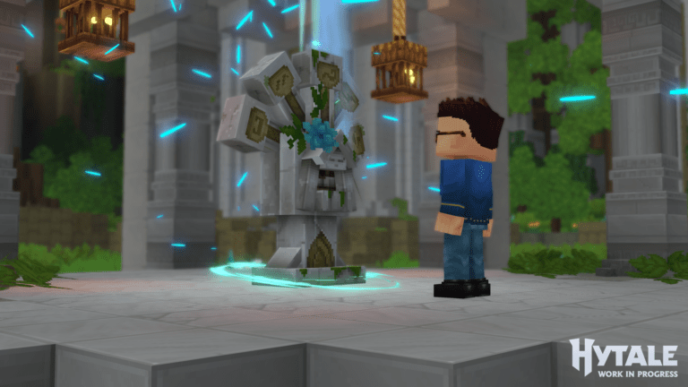 Ein Spieler steht vor einem mystischen Altar in einer virtuellen Umgebung von Hytale mit leuchtenden Effekten.