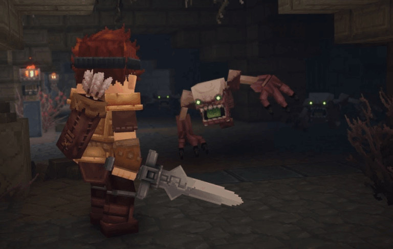 Ein Charakter mit Schwert in einer dunklen Umgebung, während ein Monster mit grünen Augen auf ihn zukommt.