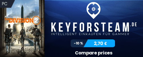 Blaues Werbebanner neben dem The Division 2- Cover, mit KeyforSteam-Logo und Branding von OldGamingMan77, vermittelt eine gaming-lastige Atmosphäre.