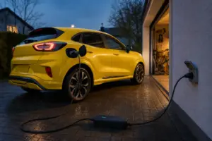 Gelber Ford Puma Gen-E lädt zu Hause mit EVDANCE Typ 2 Schuko-Ladekabel