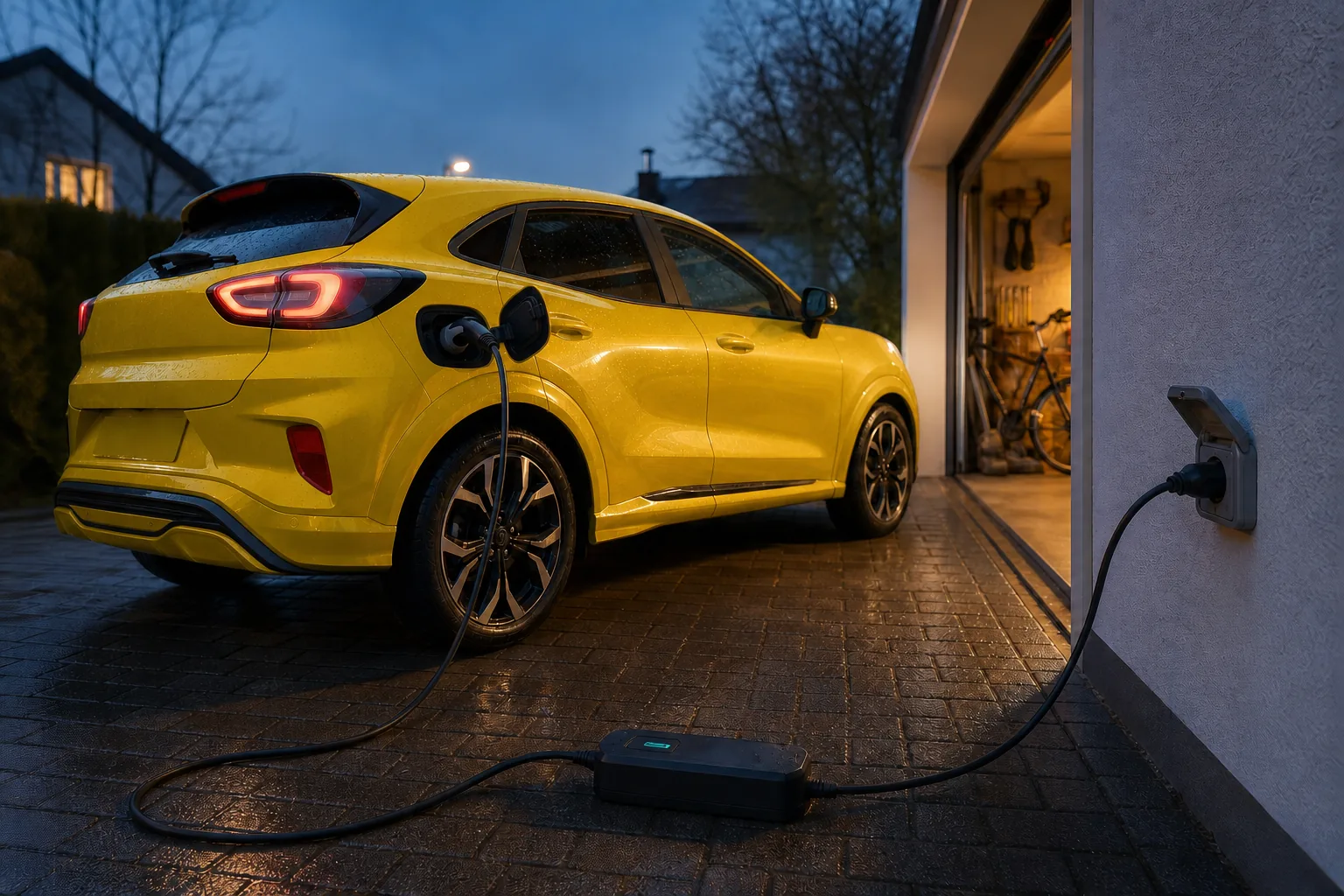 Gelber Ford Puma Gen-E lädt zu Hause mit EVDANCE Typ 2 Schuko-Ladekabel