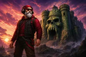 OldGamingMan77 Avatar steht ohne Schwert vor Castle Grayskull in einer Masters-of-the-Universe-Fantasywelt