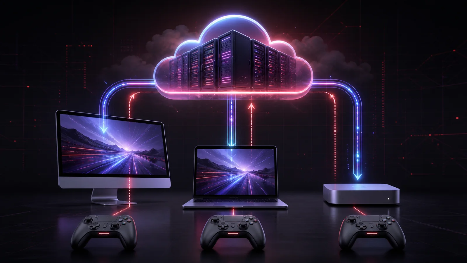 KI-generierte Illustration: Cloud-Server streamt Spiele auf iMac-ähnlichen Desktop, Laptop und kompakten Mac