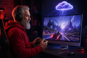 KI-generierte Illustration: Älterer Gamer spielt per Cloud Gaming an einem Mac-ähnlichen Desktop-Computer