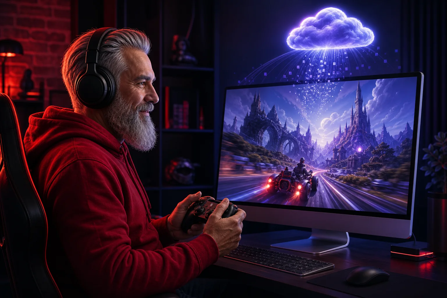 KI-generierte Illustration: Älterer Gamer spielt per Cloud Gaming an einem Mac-ähnlichen Desktop-Computer