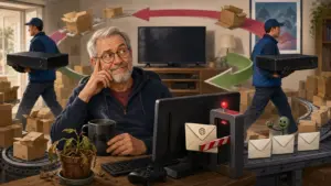 Satirische Illustration zum Sky-Neuvertrag: Identische Receiver werden gegeneinander ausgetauscht, während eine E-Mail der eigenen Domain abgewiesen wird