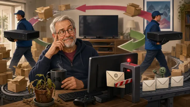 Satirische Illustration zum Sky-Neuvertrag: Identische Receiver werden gegeneinander ausgetauscht, während eine E-Mail der eigenen Domain abgewiesen wird