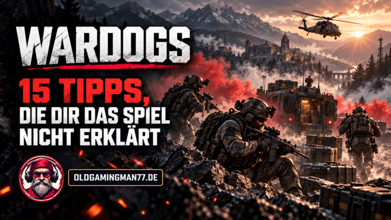 WARDOGS-Tipps-Grafik mit taktischem Team, geschütztem Spawnfahrzeug, rotem Rauch und dem OldGamingMan77-Avatar.