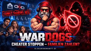 OldGamingMan77 zwischen einer ausgesperrten Gaming-Familie und einem Anti-Cheat-Schild gegen Cheater