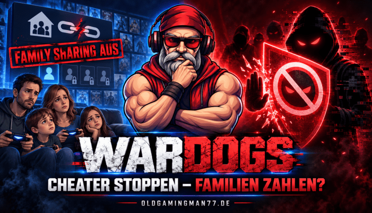 OldGamingMan77 zwischen einer ausgesperrten Gaming-Familie und einem Anti-Cheat-Schild gegen Cheater