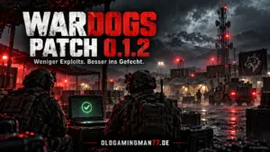 WARDOGS Patch 0.1.2 – Illustration einer regnerischen Militärbasis mit Soldaten und Laptop