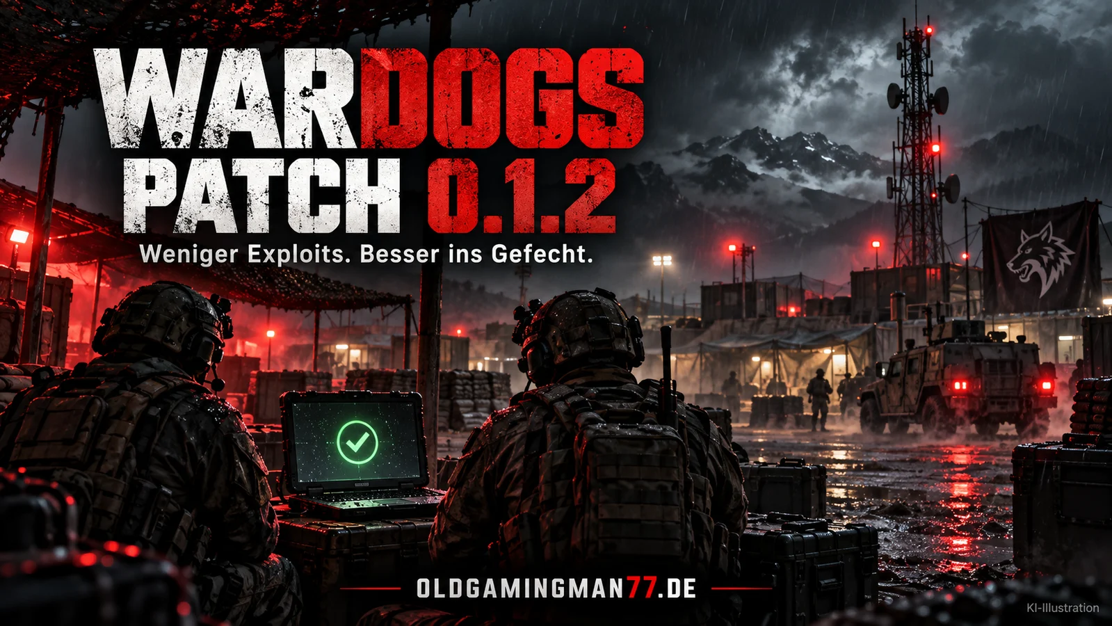 WARDOGS Patch 0.1.2 – Illustration einer regnerischen Militärbasis mit Soldaten und Laptop