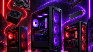 Drei WQHD-Gaming-PCs der Klassen Min, Mid und Max mit PC-Komponenten und roten sowie violetten Partikeleffekten