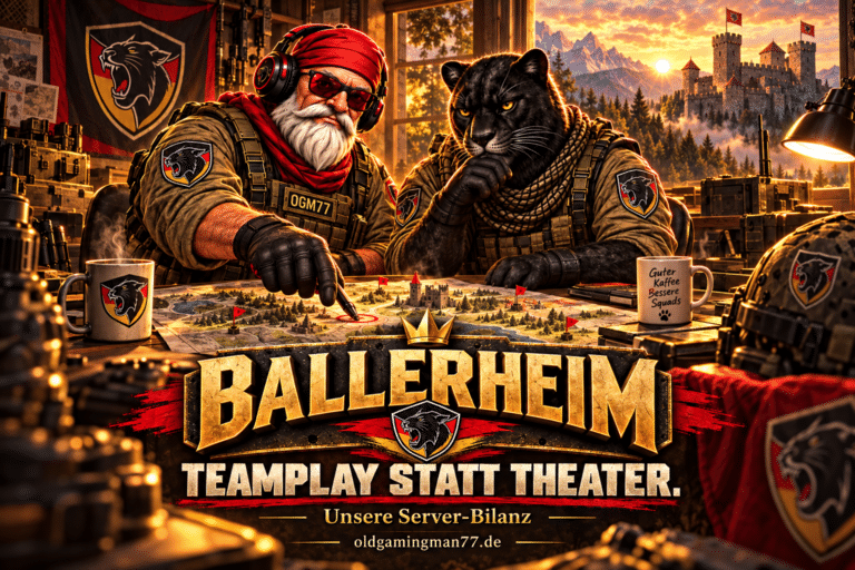 OldGamingMan77 und ein schwarzer Panther am Kartentisch: Ballerheim – Teamplay statt Theater, unsere Server-Bilanz.