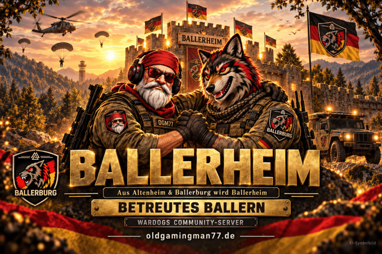 KI-Illustration: OldGamingMan77 und der Ballerburg-Wolf stehen gemeinsam vor der Burg Ballerheim – aus Altenheim und Ballerburg wird Ballerheim.