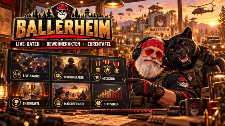 OldGamingMan77 und der schwarze Ballerheim-Panther zeigen Live-Daten, Bewohnerakten, Abzeichen, Ehrentafel, Matchberichte und Statistiken.