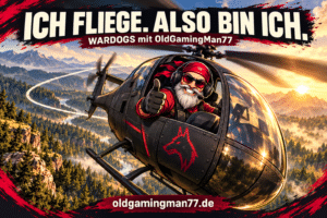 Humorvolle KI-Illustration: OldGamingMan77 mit rotem Bandana und grauem Bart steuert einen Helikopter über ein Waldtal.