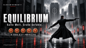 KI-Symbolbild zum Equilibrium-Review: eine Figur im schwarzen Mantel mit zwei Pistolen vor einer düsteren Stadt, dazu die Bewertung 5 von 5 Filmrollen.