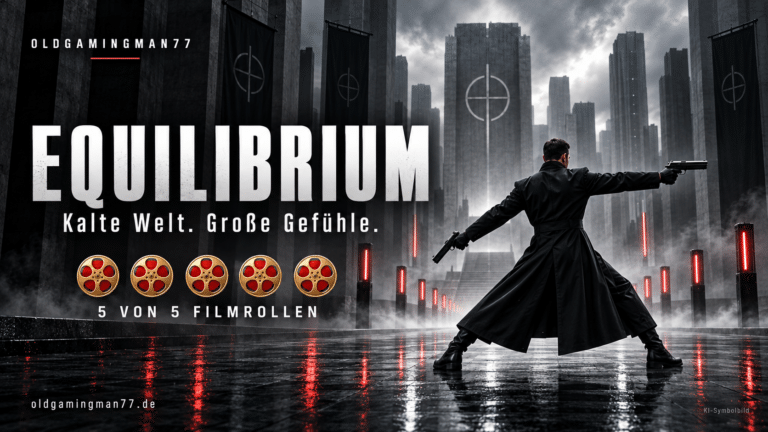 KI-Symbolbild zum Equilibrium-Review: eine Figur im schwarzen Mantel mit zwei Pistolen vor einer düsteren Stadt, dazu die Bewertung 5 von 5 Filmrollen.
