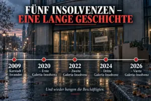 Zeitleiste der Karstadt- und Galeria-Insolvenzen von 2009 bis 2026 vor einem geschlossenen Kaufhaus