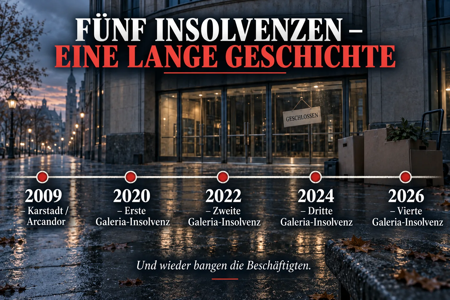 Zeitleiste der Karstadt- und Galeria-Insolvenzen von 2009 bis 2026 vor einem geschlossenen Kaufhaus