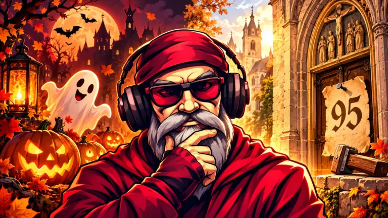 Illustrierter OldGamingMan77-Avatar zwischen Halloween und Reformationstag mit 95 Thesen