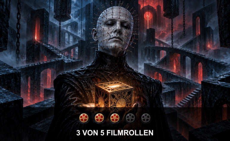 Eigene KI-Symbolillustration zu Hellbound: Hellraiser II mit Pinhead-artiger Gestalt, Puzzlebox und der Bewertung 3 von 5 Filmrollen. Kein Film-Screenshot.