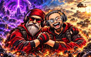 Comic-Illustration zum vierjährigen Freundschaftsjubiläum: OldGamingMan77 und LuckyLiveOnAir als eng verbundenes Gamer-Team zwischen Science-Fiction-Welt und taktischem Schlachtfeld.