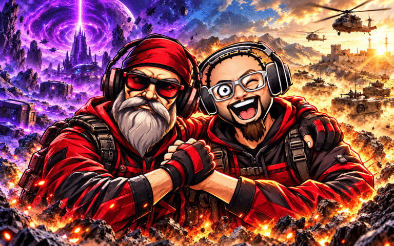 Comic-Illustration zum vierjährigen Freundschaftsjubiläum: OldGamingMan77 und LuckyLiveOnAir als eng verbundenes Gamer-Team zwischen Science-Fiction-Welt und taktischem Schlachtfeld.