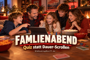 Vater, Mutter und drei Kinder lachen beim gemeinsamen Familien-Quizabend