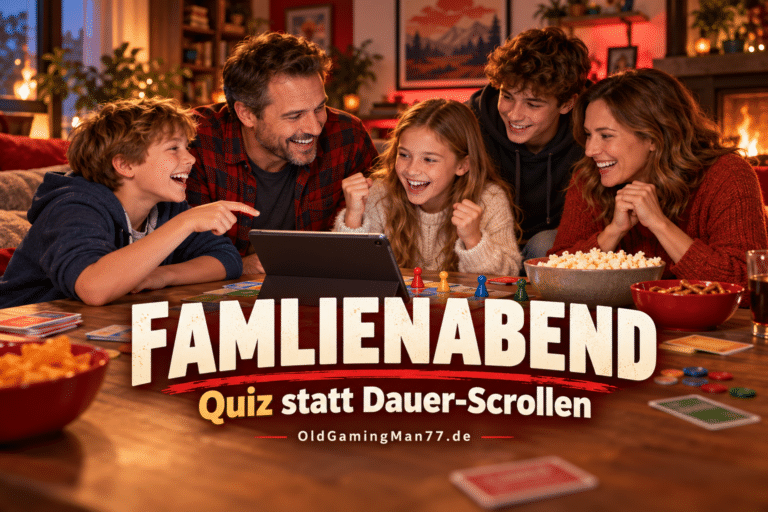 Vater, Mutter und drei Kinder lachen beim gemeinsamen Familien-Quizabend