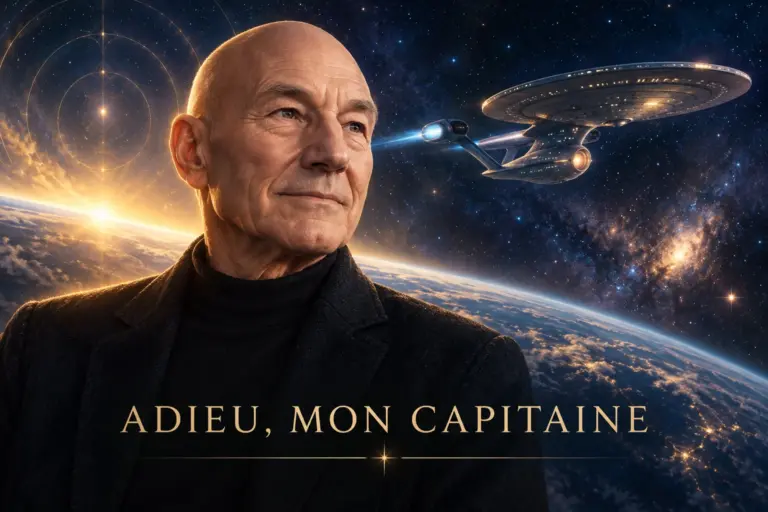 Sir Patrick Stewart vor einem Sternenhimmel mit Enterprise-artigem Raumschiff und dem Abschiedsgruß Adieu, mon capitaine