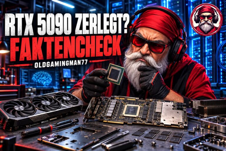 OldGamingMan77 mit rotem Bandana, roter Brille, Headset und weißem Bart prüft eine zerlegte High-End-Grafikkarte vor Serverracks; Titel RTX 5090 zerlegt und Faktencheck.