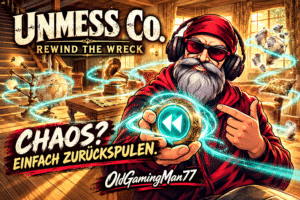 OldGamingMan77 mit weißem Bart, rotem Bandana und Headset im gemütlichen Chaos: Unmess Co. – Chaos? Einfach zurückspulen. Eigene KI-Symbolillustration, kein Spiel-Screenshot.