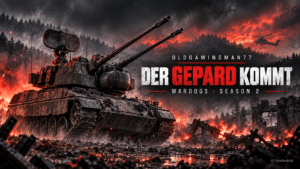 KI-Symbolbild: Flakpanzer vor dunkler Waldlandschaft mit der Überschrift Der Gepard kommt – WARDOGS Season 2.