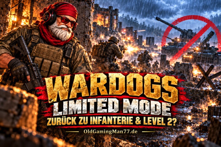 OldGamingMan77 vor einer regnerischen WARDOGS-Schlacht; Panzer und Artillerie sind als ausgeschlossen markiert.