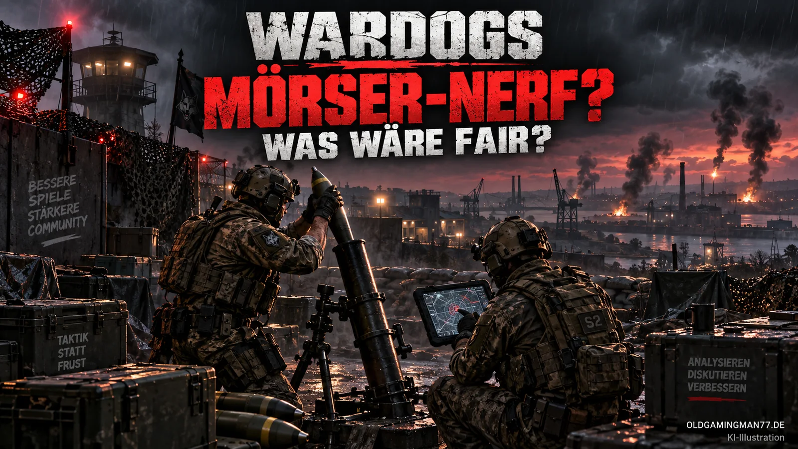 Illustration einer WARDOGS-Mörserstellung bei Nacht mit einschlagenden Granaten