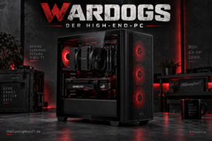 KI-Visualisierung eines High-End-PCs für WARDOGS mit roter Beleuchtung