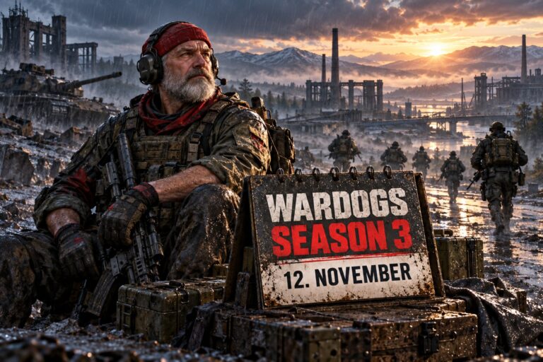KI-Illustration: OldGamingMan77 als grau bärtiger Soldat vor einem regnerischen Industrie-Schlachtfeld und einem Kalender mit WARDOGS Season 3 am 12. November.
