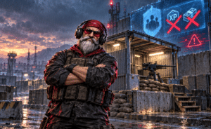 Eigene KI-Symbolillustration zu WARDOGS Season 2: OldGamingMan77 vor einer neuen MG-Stellung und einem Schutzbau; durchgestrichene XP- und Cash-Symbole stehen für entfernte Boni und Exploit-Fixes. Kein Spiel-Screenshot.