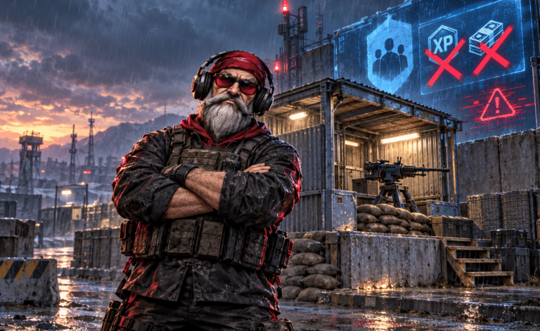 Eigene KI-Symbolillustration zu WARDOGS Season 2: OldGamingMan77 vor einer neuen MG-Stellung und einem Schutzbau; durchgestrichene XP- und Cash-Symbole stehen für entfernte Boni und Exploit-Fixes. Kein Spiel-Screenshot.